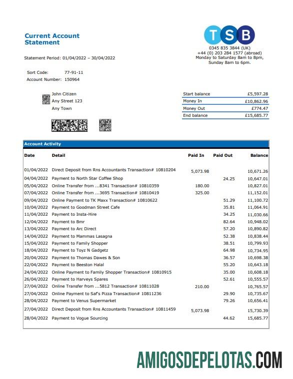 Extrato bancário TSB do Reino Unido em branco, modelo Excel e PDF